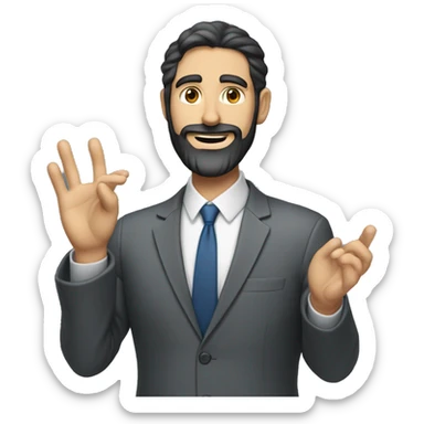 white man in a gey suit short dark beard doing hand gestures in a presenttion sticker
