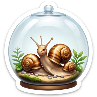 Close-up of large home snails inside a terrarium, showcasing their soft, spiral shells and glistening bodies, with a gentle light highlighting their details. Transparent background. sticker
