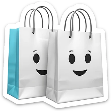 A 3D emoji of two white paper shopping bags, one large and one small, standing next to each other. Soft studio lighting, smooth 3D rendering, claymorphism style, minimalist design, cute, high resolution, isolated on a white background. sticker