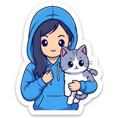 Girl with black hair wearing gray hoodie with a British shorthair blue and white cat and a long-haired blue and white cat sticker