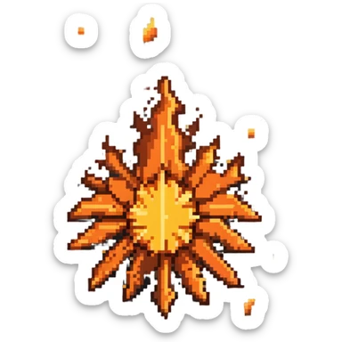 Industrial metal wall explosion tile, slate colored (#334155) metal fragments and debris flying from center, bright orange and yellow flames, metallic sheen on fragments, rivets visible on some pieces, pixel art style sticker