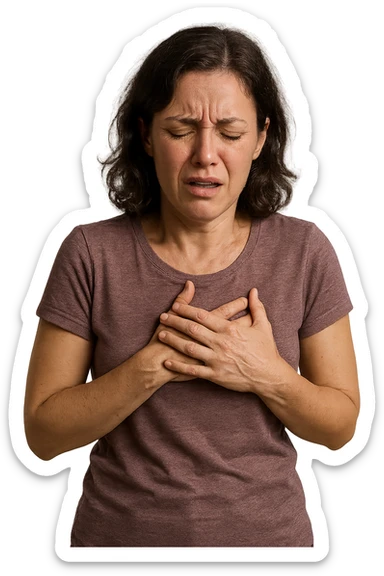 DONNA REALISTICA IN PIEDI CHE SI TOCCA IL PETTO CON ESPRESSIONE DI DOLORE IN VOLTO, IPERREALISTICO 4K sticker