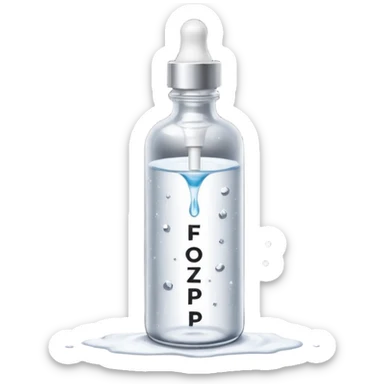 Slim clear dropper bottle with white cap and minimal black text label. Floating above a silver ripple, with icy shimmer rings pulsing outward. Surrounded by tiny frozen sparkles and wrinkle-smoothing energy beams. Looks like a precision anti-aging serum potion — sharp, cold, and potent. sticker