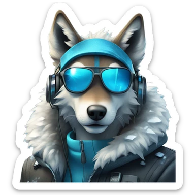 A beautiful cyberpunk Wolf on blue ice and snow around wearing sunglass and headphones sticker