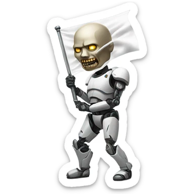 Damaged cyborg with white flag sticker