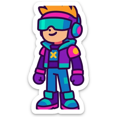 PK XD character, futuristic outfit, bright colors, cartoon style sticker
