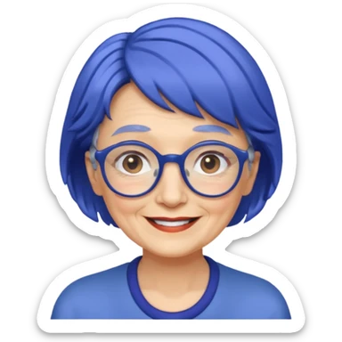 old lady with cobalt hair, wearing glasses, slight curl short hair, long face sticker
