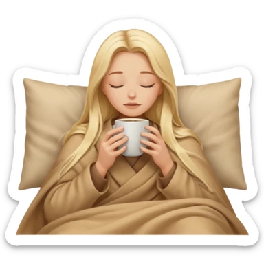 Blonde girl long hair inside a beige blanket sipping coffee eyes closed sticker
