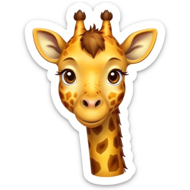 Cinematic Cute Giraffe Portrait Emoji, Head tilted playfully and inquisitively, featuring a glossy, patterned Fur of warm yellows and browns with delicate white spots, round, sparkling eyes filled with curious wonder, Simplified yet irresistibly adorable features, highly detailed, glowing with a warm, friendly glow, high shine, affectionate and gentle, stylized with a touch of savannah whimsy, bright and endearing, soft glowing outline, capturing the essence of a mischievous yet loving giraffe, so playful it feels like it could gallop out of the screen and into your arms! sticker
