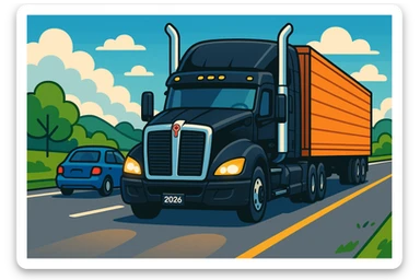2026 Black Kenworth T680 Sleeper semi truck with tall chrome muffler stacks, headlights on, driving down a road with a car in front, vibrant cartoon style, day scene sticker