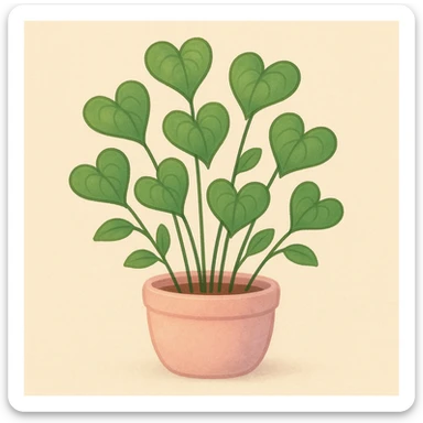 a cute leafy plant with heart-shaped leaves and a pastel pot sticker
