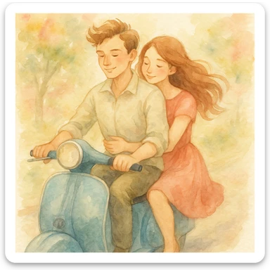 watercolour style illustration of a couple riding a scooter, soft colors, romantic atmosphere sticker