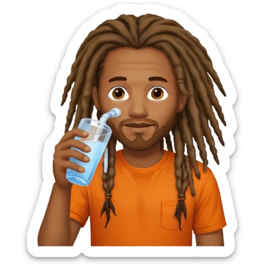 Brownskin man with long dreadlocks orange shirt drinking water sticker