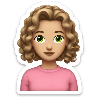 White girl with brunette curled hair and green eyes and a pink sweater sticker