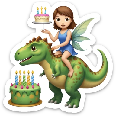Fairy with brown hair riding a dinosaur presenting a birthday cake sticker