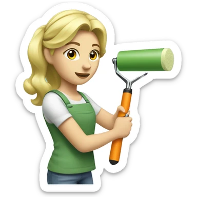 Blonde girl painting a wall sage green using a paint roller  sticker
