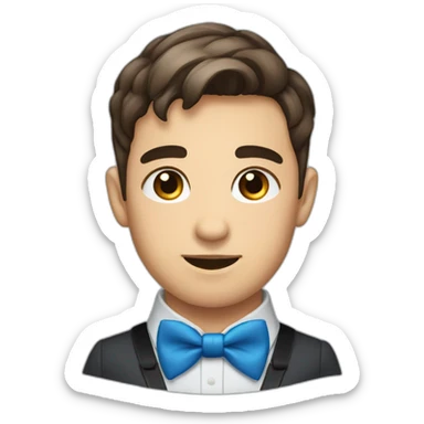 A young male tennager with a round face and very short brown hair and a mole on chin wearing a blue bow tie sticker