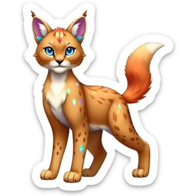 Vibrant multicolored Falvie-Fionbri-Bobcat-Caracal-creature-sparkle-feline-fursona, full body sticker