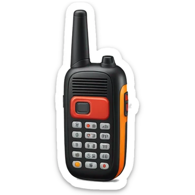 black walkie talkie with red-orange button on side sticker