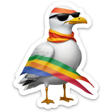a seagull wearing a lesbian flag as a cape and also wearing sunlases sticker