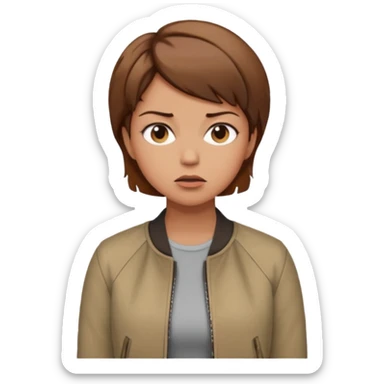 a woman with a brown short hair, looking at the left, frustrated, wearing a trendy jacket, only upper body, high quality sticker