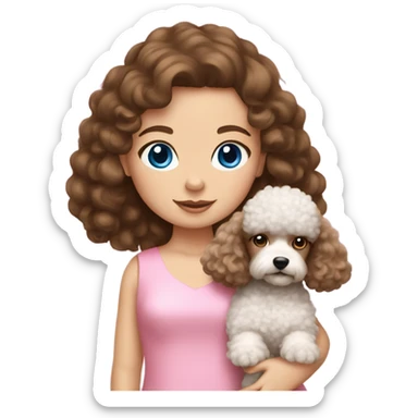 Brown hair blue eyes girl with poodle puppy with pink dress sticker