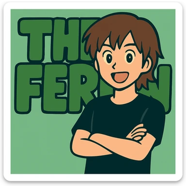 Edit the anime man to wear a black t-shirt with no jacket, standing in front of green bubble letters that say 'The Fern'. Keep his medium-length brown hair and expressive anime face. Maintain a playful, bold vibe in the style of the original image. sticker