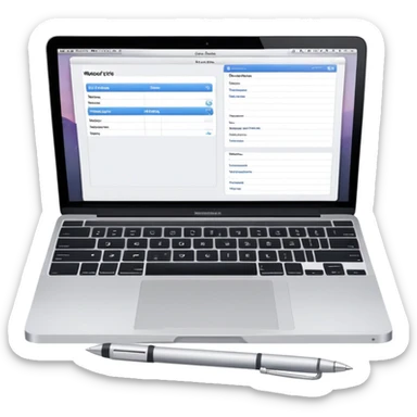 MacBook with online booking system and classic paper notebook with pen side by side, both objects fully visible, no background, no cut-off edges sticker