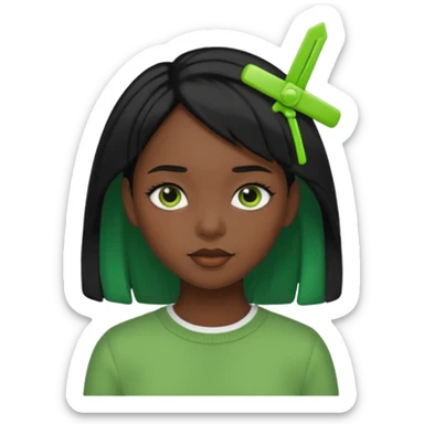 black girl with black hair and green color hairclip sticker