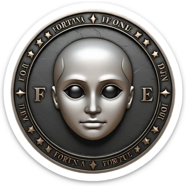Emoji style, luxury gothic coin made of blackened metal, “FORTUNA” engraved in refined fashion typography, heavy sculptural form, subtle worn metal texture, avant-garde editorial aesthetic, no glow, no neon, flat emoji design, centered, transparent background sticker