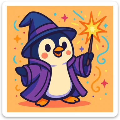 a cute penguin wizard casting a spell, wearing a robe and holding a wand, in a colorful cartoon style sticker