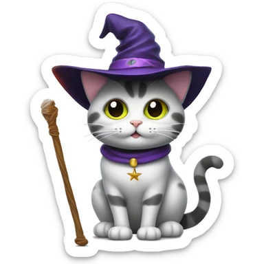 Cat with witch hat and wand granting a wish sticker