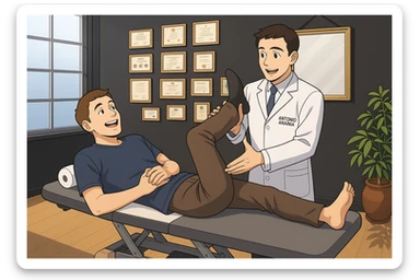su questo lettino rappresenta un webtoon manga a colori con questo stile, in cui un uomo è steso sul lettino medico e il kinesiologo con il camice bianco (fagli anche la scritta "ANTONIO ANANIA" SUL CAMICE, gli solleva una gamba per fargli il test neuromuscolare, IL KINESIOLOGO SPIEGA ALL'UOMO UNA cosa mentre gli alza la gamba. l'espressione dell'uomo è felice e soddisfatta, non fare i fumetti però, fai solo in modo che sembri stiano parlando sticker
