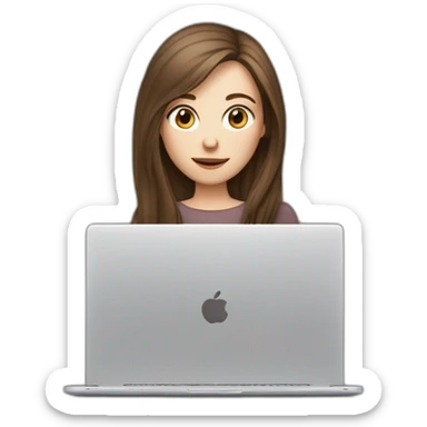 woman with pale skin and brown long hair hiding behind a very large laptop sticker