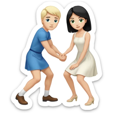 Man, black Hair, blue eyes, whole body, Woman, bending knees, blonde, green eyes, White Dress, sticker