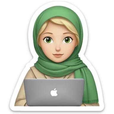 blond women skine , with green eyes , with scarf hijab ,dont show hir hair, with macbook sticker