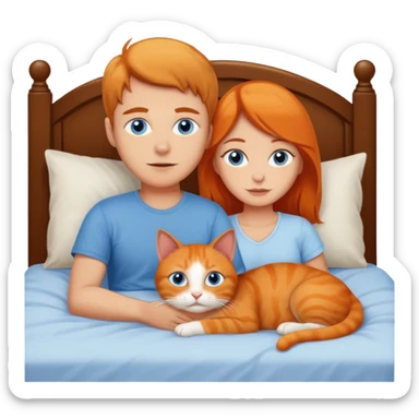 Blue eyed man and brown eyed girl laying in bed with orange cat sticker