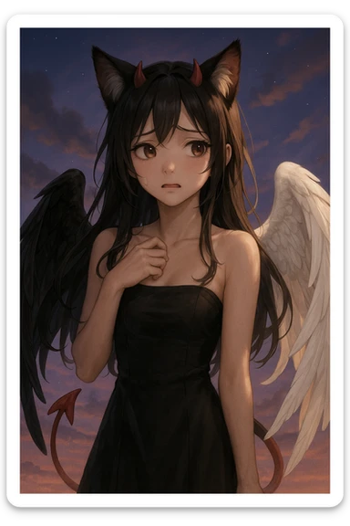 realistic anime catgirl devil with angelic contrast, one black wing and one white, conflicted expression, twilight sky sticker