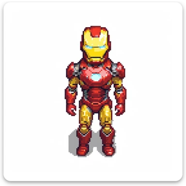 Ironman's face with his suit on, straight-on view, pixelated in the style of old Nokia retro pixel art, third-person perspective sticker