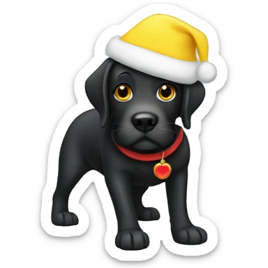 Black Labrador wearing a yellow Santa hat sticker