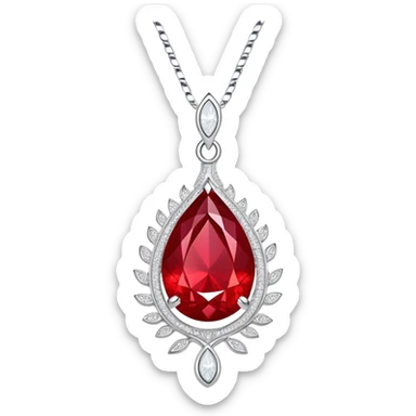 teardrop ruby pendant with fiery light, tiny phoenix feather emerging, haloed by shimmering white stones, and a silver chain sticker