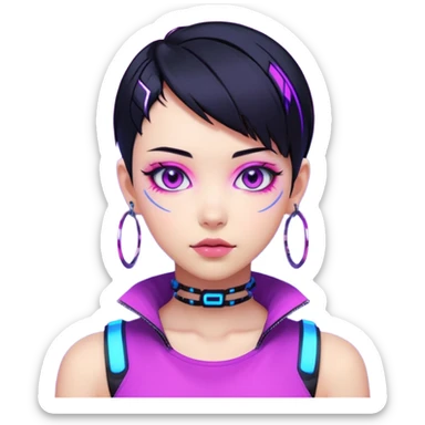Emoji estilo anime cyberpunk: garota com cabelo curto preto, olhos roxos expressivos, expressão confiante, argolas grandes, pele iluminada por neon azul e rosa, visual moderno e vibrante, cores fortes e estilo futurista simplificado. sticker