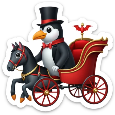 A penguin dressed as dracula riding a 3 horse carriage sticker