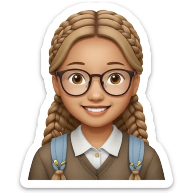 Asian girl, 14, long light brown braids, square glasses, smiling widely sticker