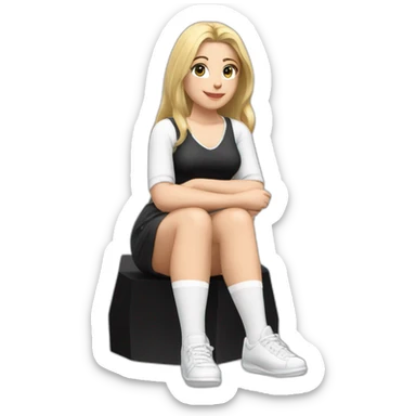 Front view full body curvy caucasian beauty sitting straight hands up black skirt white knickers white socks sticker