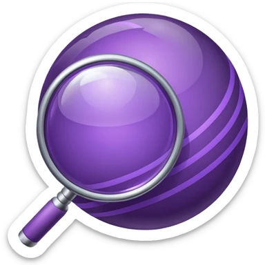 Minimal purple icon: a planet with connecting lines and a magnifying glass. Glossy, transparent background. sticker