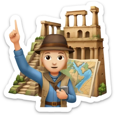 Icon for Documentary Film (TV style): A traveler pointing backward and narrating in front of ancient ruins. Include elements like historical landmarks, maps, and exploration tools to evoke a sense of adventure. Transparent background. sticker