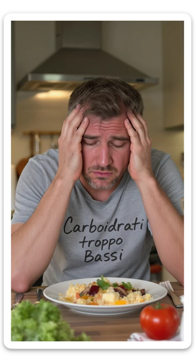 Uomo sui 35 anni in cucina, con espressione affaticata e spenta, guarda un piatto con pochissimi carboidrati (solo qualche verdura e proteine). Accanto a lui, fogli con una dieta rigida e una scritta visibile: 'Carboidrati troppo bassi'. sticker