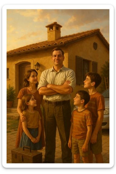 Uomo tra i 35 e i 45 anni, in piedi con postura fiera davanti alla sua casa, circondato dalla famiglia: moglie e figli lo guardano con rispetto e affetto. Indossa abiti semplici ma ordinati, simbolo di lavoro e stabilità (camicia, pantaloni, magari una cassetta degli attrezzi o una valigetta vicino). Sullo sfondo elementi che richiamano i suoi ruoli: casa ordinata, auto familiare, strumenti di lavoro, simboli di protezione e presenza. Espressione serena, forte ma accogliente. Colori caldi, luce naturale del tramonto. Stile realistico, atmosfera rassicurante e simbolica in italia, immagine realistica sticker