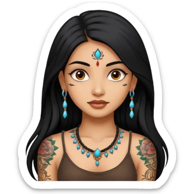 an ios genmoji for a pretty  indian girl with black long hair  tattooed, beautiful girl sticker